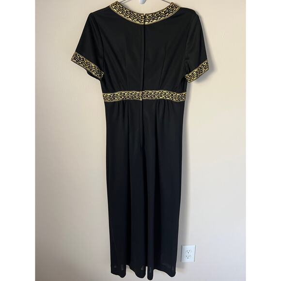 Vintage Mary-Martin Florida Black Gold Trim Short Sleeve Maxi Dress Size Small - Picture 6 of 11